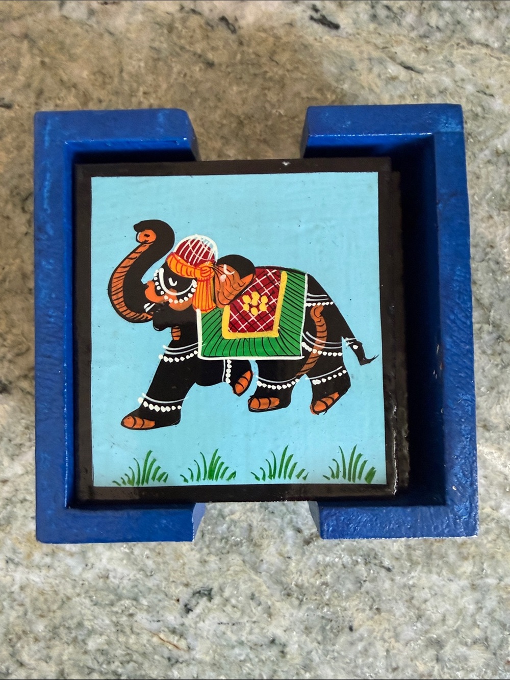 Hand-Painted Elephant Tile Coaster Set